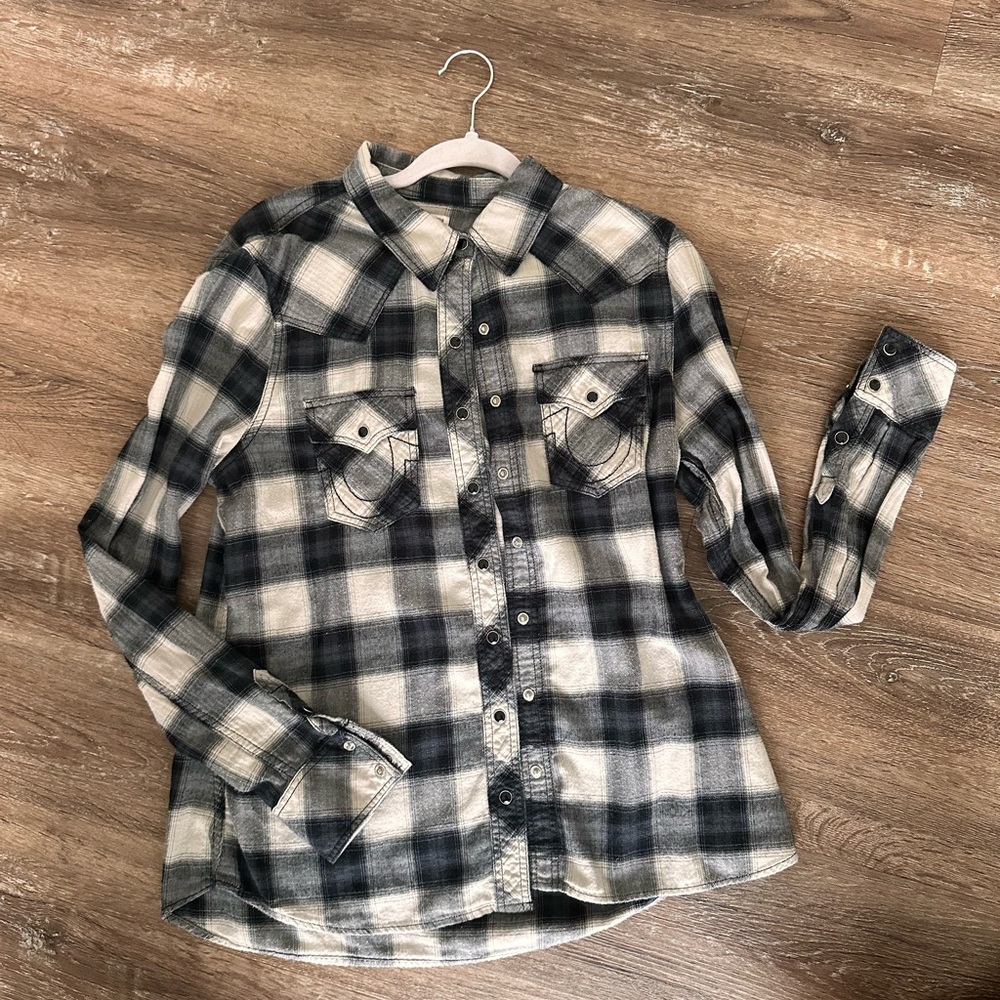 True Religion Plaid Shirt in Black and Cream